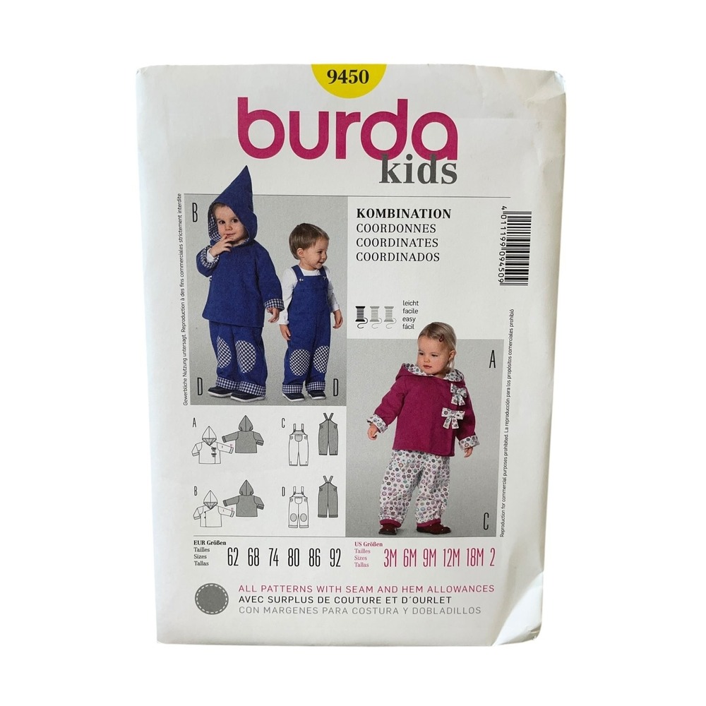 Burda 9450 Kids Hooded Jacket Overalls Pants 3M-2 Toddler Pattern UNCUT FF
